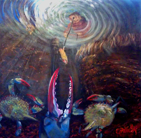<i>Crabbing</i>, acrylic on canvas, 32x32, 2011. A work created for my sister to commemorate one of our favorite childhood events.