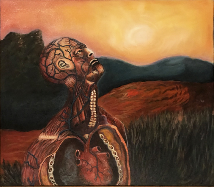 <i>Permeablility</i>, oil and acrylic on canvas, 32x28, 2013. My heart is sensitive to outside influences.